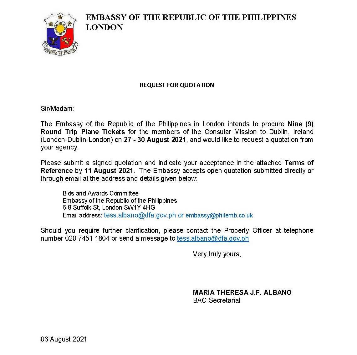 RFQ TOR. Plane Tickets.Consular Mission to Dublin on 28 August 2021 Page 1 2