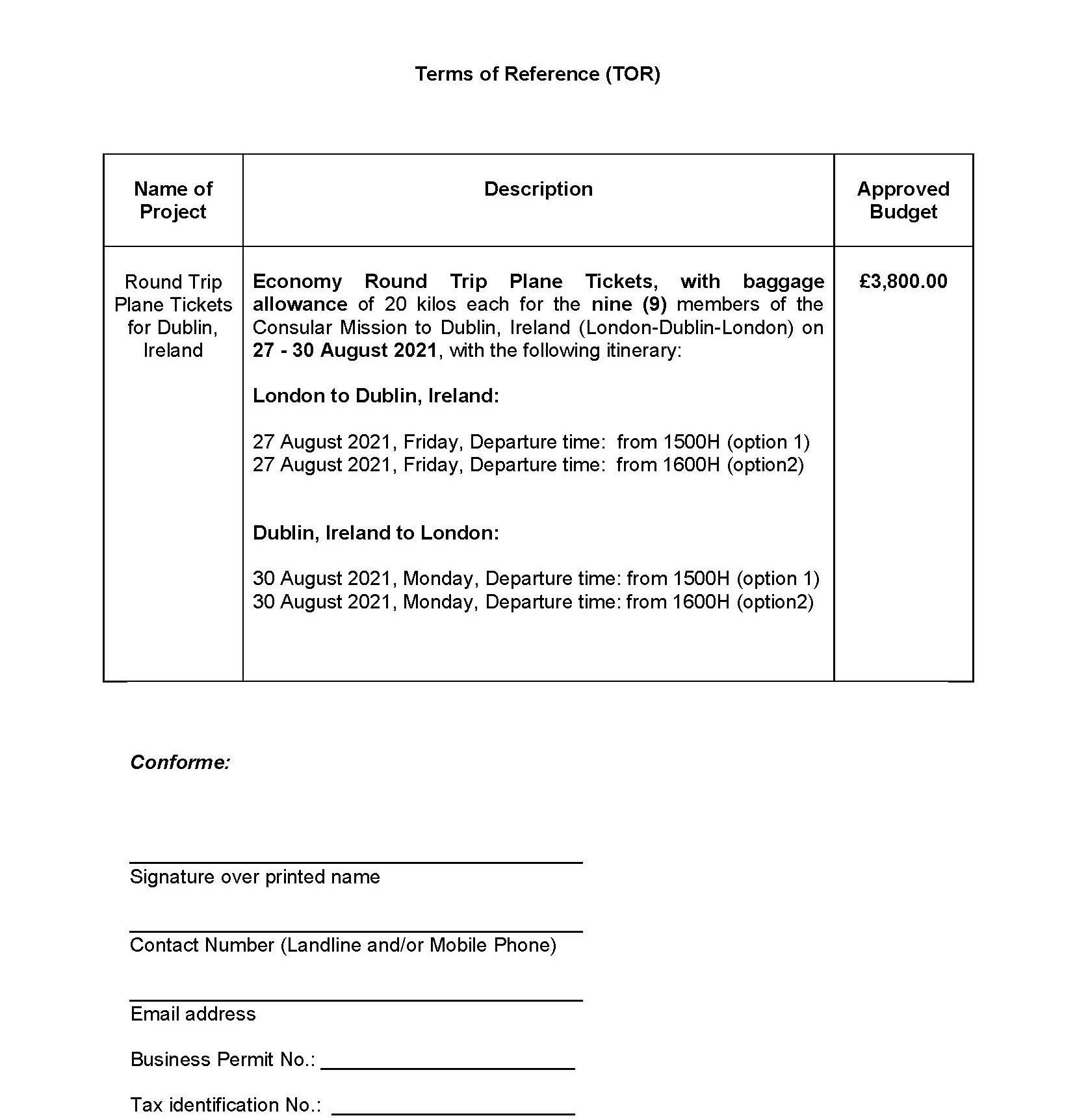 RFQ TOR. Plane Tickets.Consular Mission to Dublin on 28 August 2021 Page 2 2