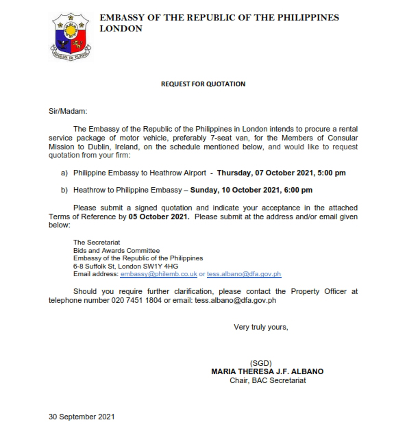 RFQ TOR.Rental of Motor Vehicle.AIRPORT TRANSFERS.CONSULAR MISSION TO DUBLIN.07 October 2021 001