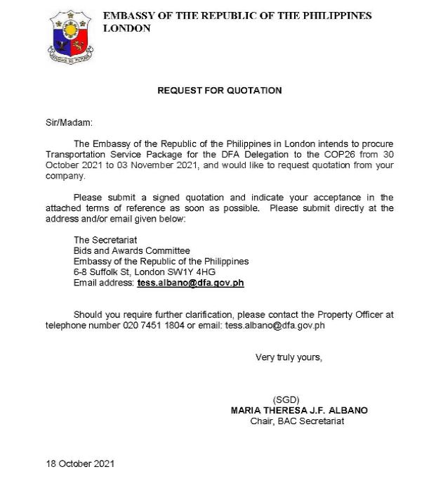 RFQ TOR.Transport Service Package DFA re COP26 in Oct Nov. Page 1