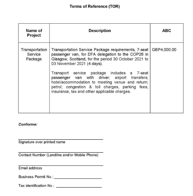 RFQ TOR.Transport Service Package DFA re COP26 in Oct Nov. Page 2