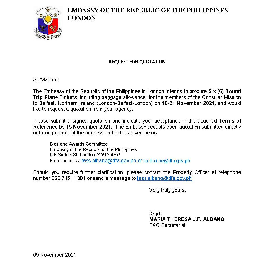 RFQ TOR. Plane Tickets.Consular Mission to Belfast on 19 Nov 2021 Page 1 web