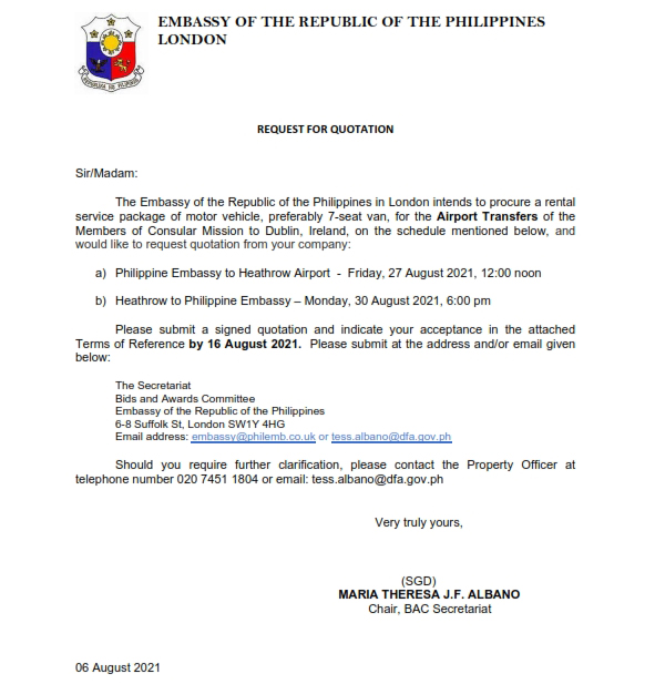 RFQ TOR.Rental of Motor Vehicle.AIRPORT TRANSFERS.CONSULAR MISSION TO DUBLIN.28 AUGUST 2021 001