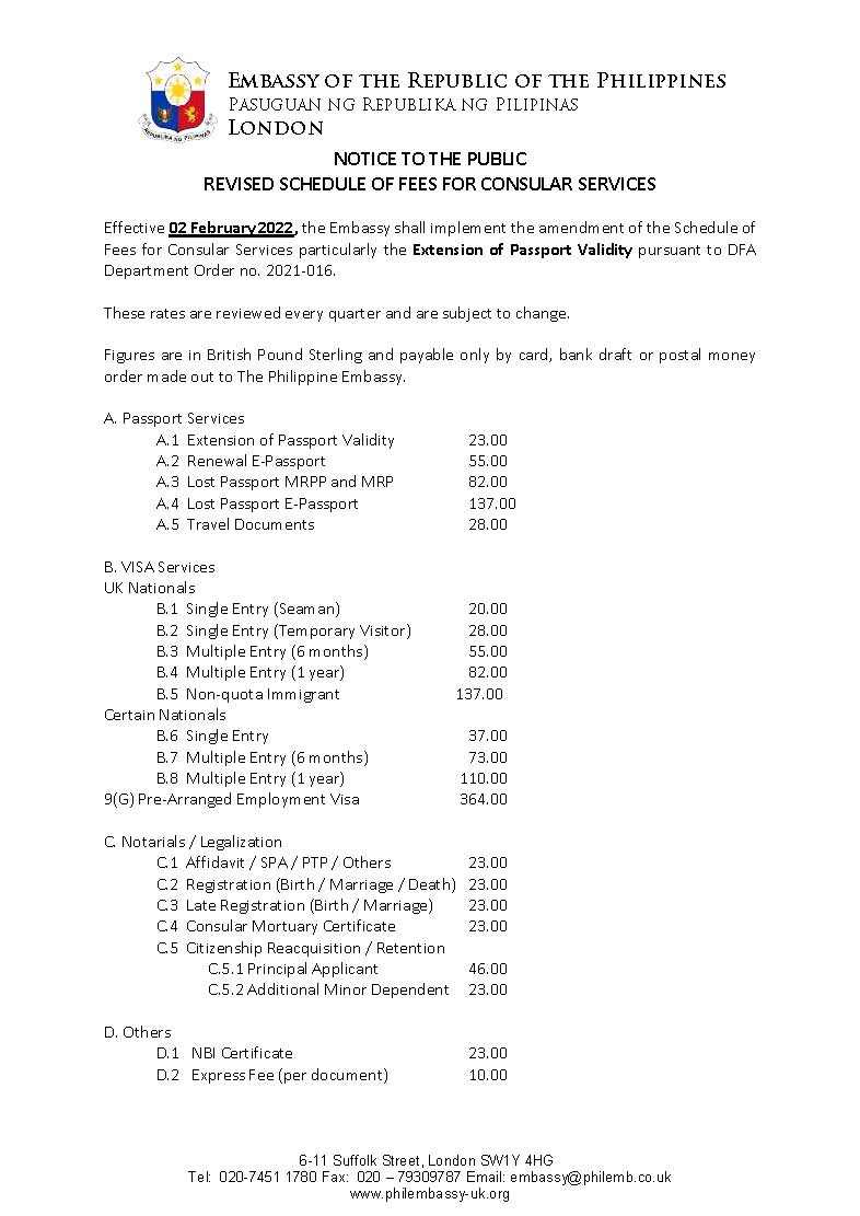 revised schedule of consular fees 02 Feb 2022