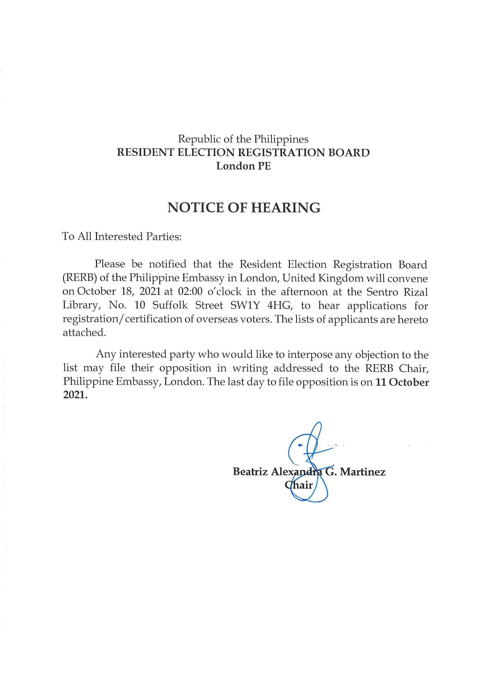 Notice of Hearing 18 October 2021