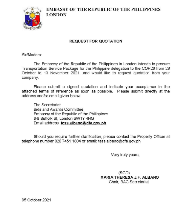 RFQ TOR.Transport Service Package LONDON PE re COP26 in Oct Nov. Page 1