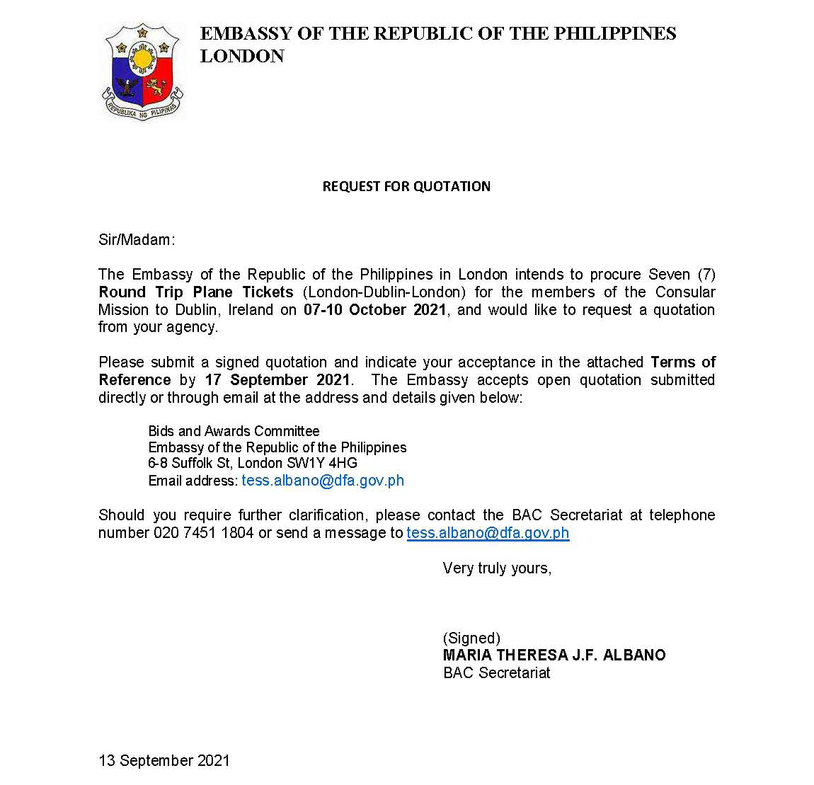 RFQ TOR. Plane Tickets.Consular Mission to Dublin on 07 10 Oct 2021 Page 1