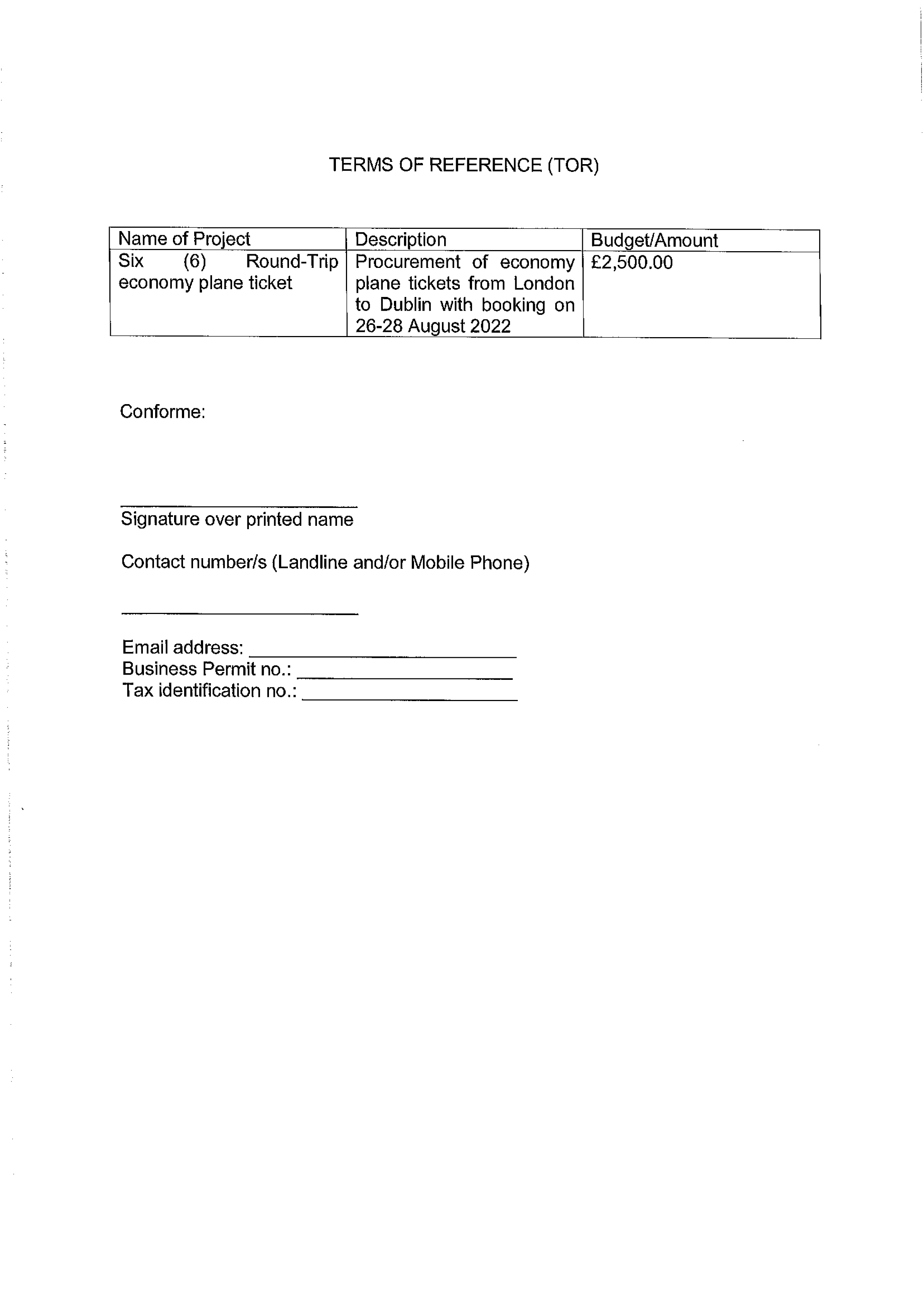 RFQ TOR.6 ROUND TRIP TICKET FOR DUBLIN 02