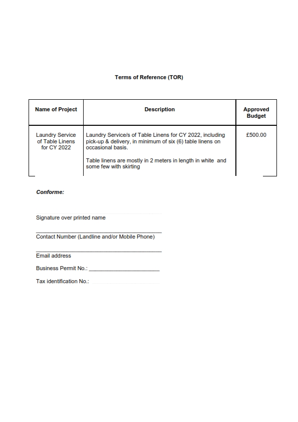 RFQ TOR. LAUNDRY SERVICES FOR TABLE LINENS CY 2021 002