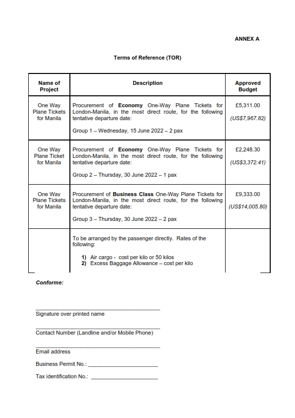 RFQ TOR. PLANE TICKET.Recallees in June 002