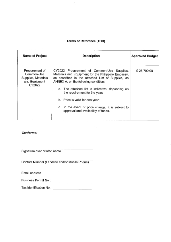 RFQ for the procurement of supplies 002