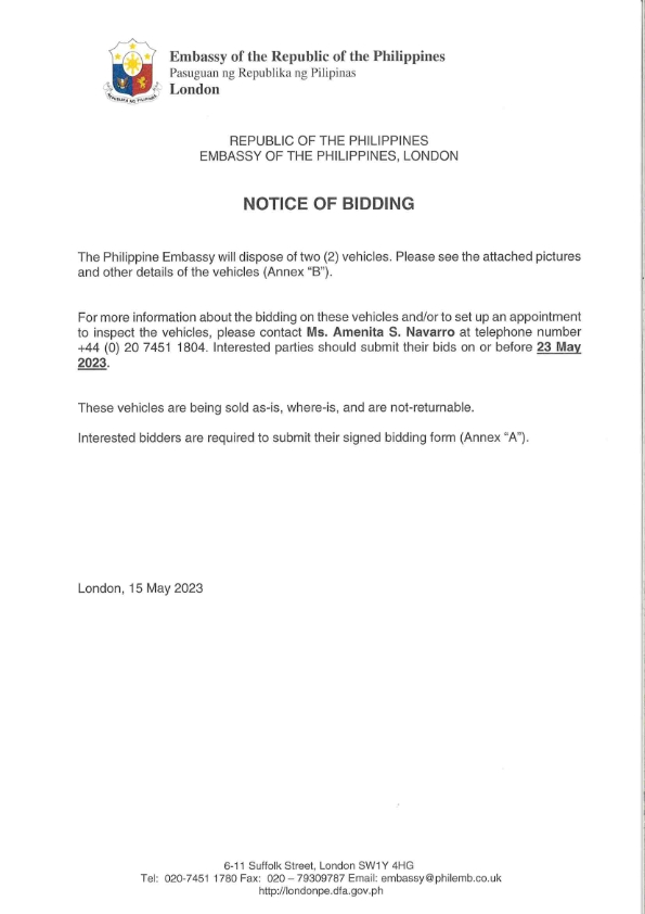 Notice of Bidding Philippine Embassy Vehicles 001