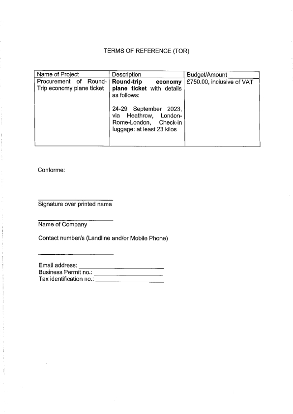 RFQ TOR.ROUNDTRIP PLANE TICKET.LONDON ROME LONDON 002