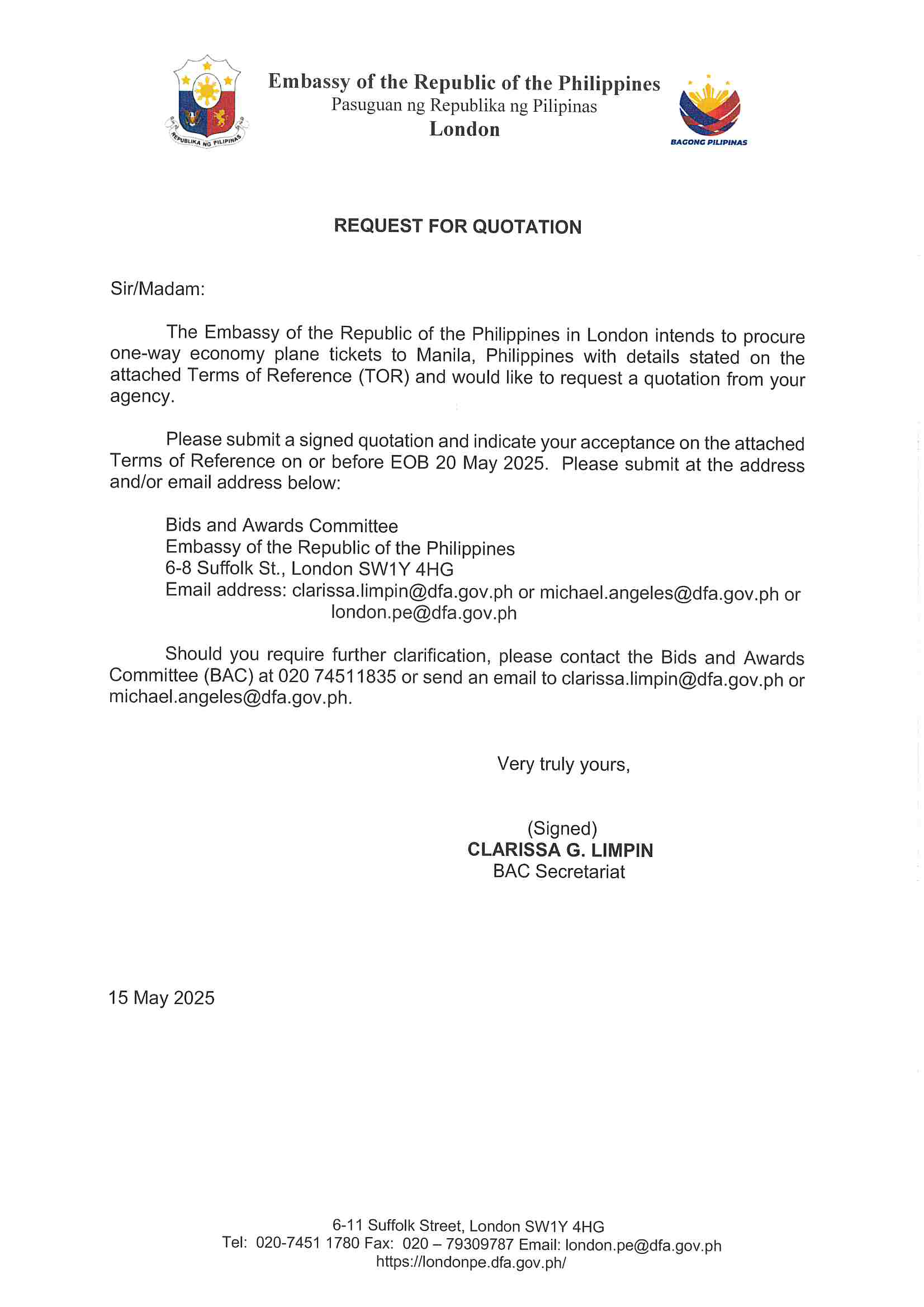 RFQ.ONE WAY ECONOMY PLANE TICKETS TO MANILA.16 JUN 2025 Page 1