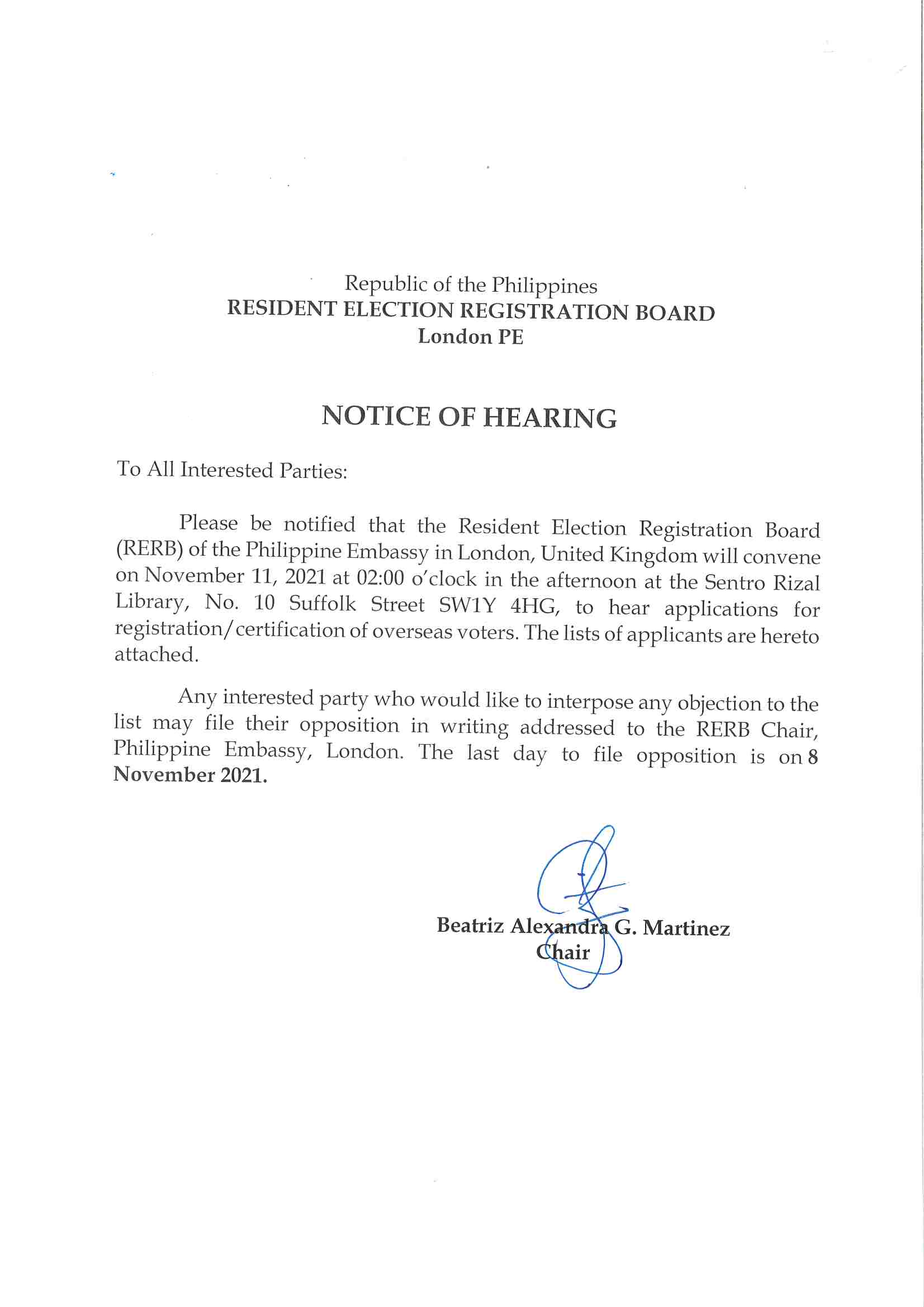 Notice of Hearing 11 November 2021