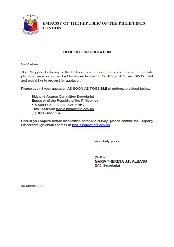 RFQ TOR.2022 PLUMBING SERVICES FOR BLOCKED DRAIN OR SEWER PIPE CONSULAR PUBLIC TOILETS 001
