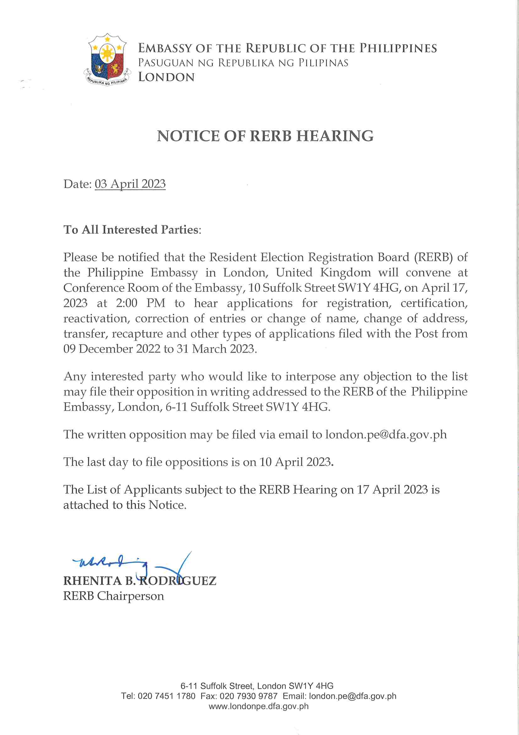 Notice of RERB Hearing 1st Hearing 17 April 2023