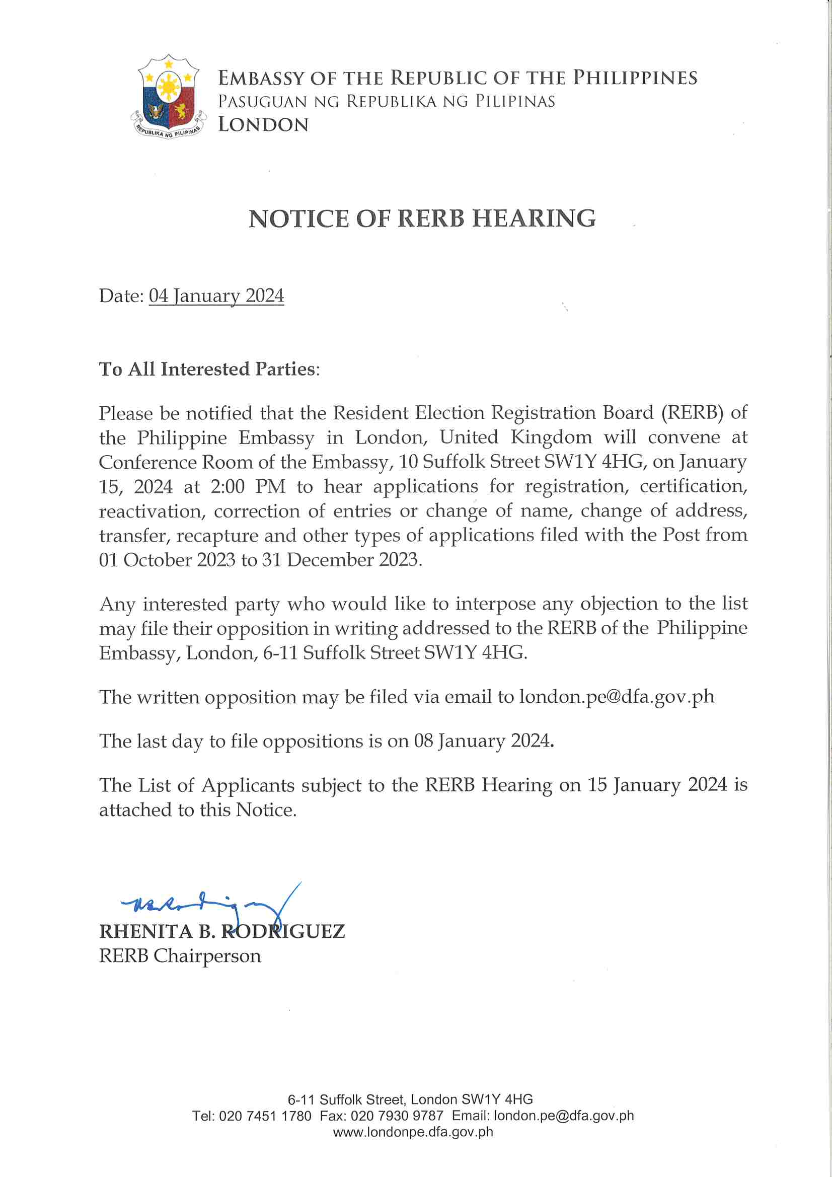 Notice of RERB Hearing 4th Hearing 15 January 2024