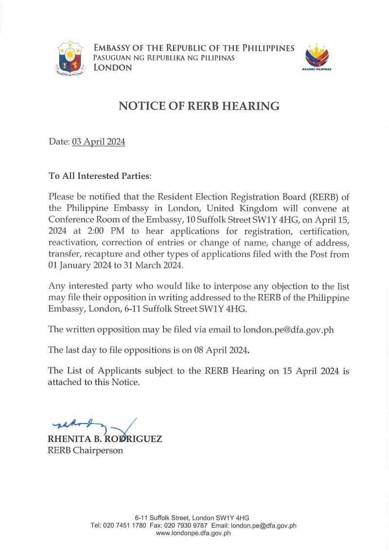 Notice of RERB Hearing 5th Hearing 15 April 2024