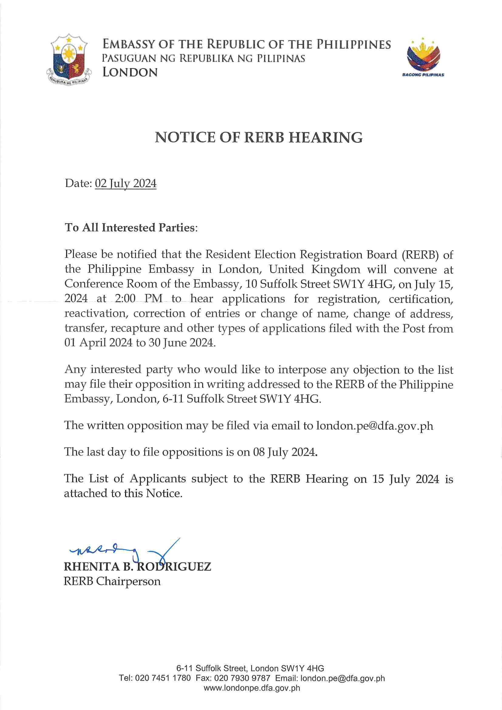 Notice of RERB Hearing 6th Hearing 15 Jul 2024