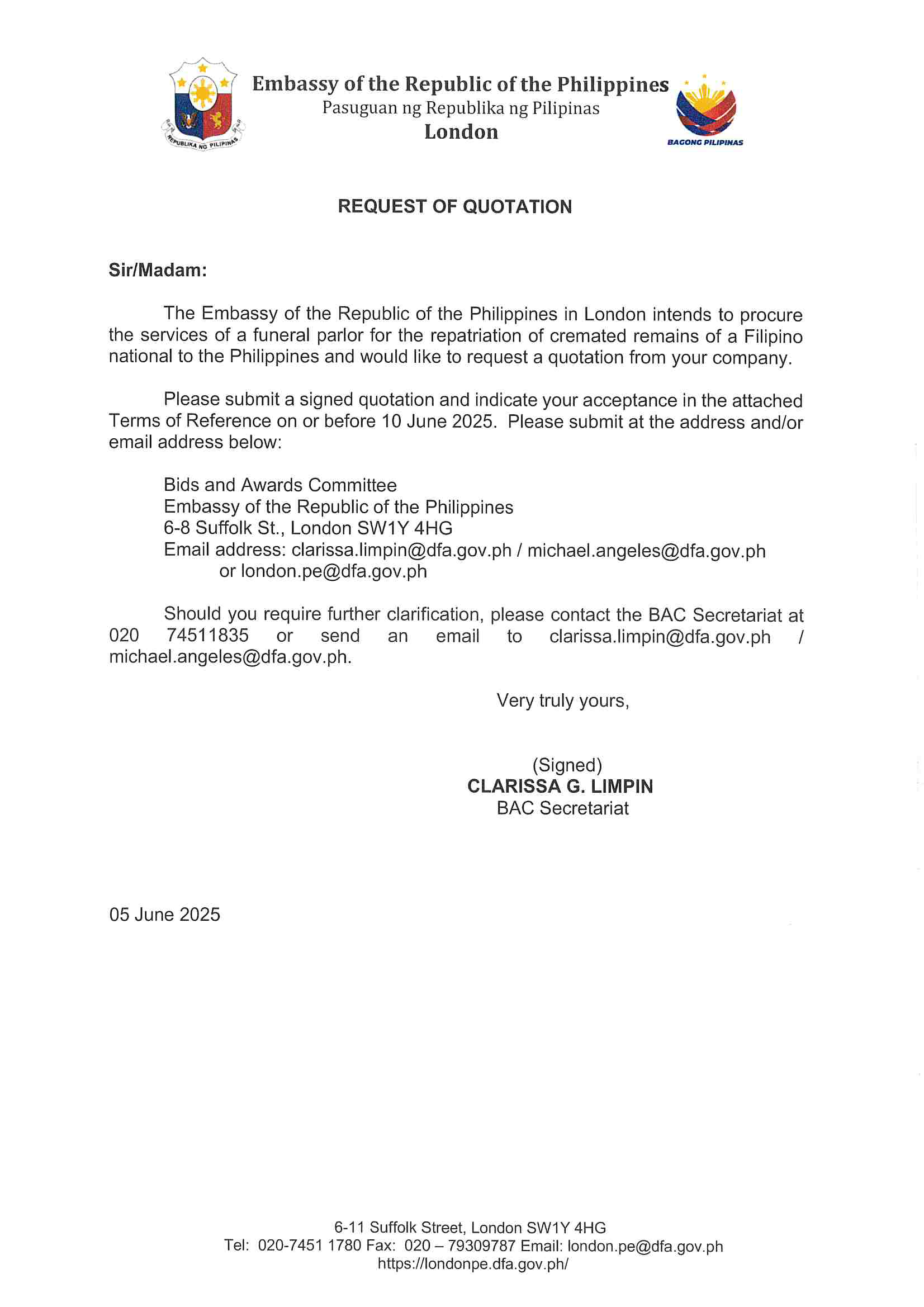 RFQ.REPATRIATION OF CREMATED REMAINS Page 1