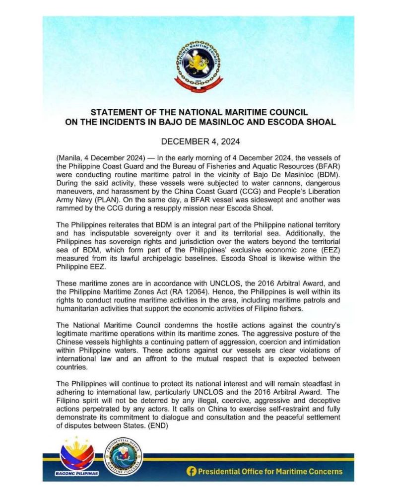 Statement of Maritime Council on the Incidents in the Bajo de Masinloc and Escoda Shoal